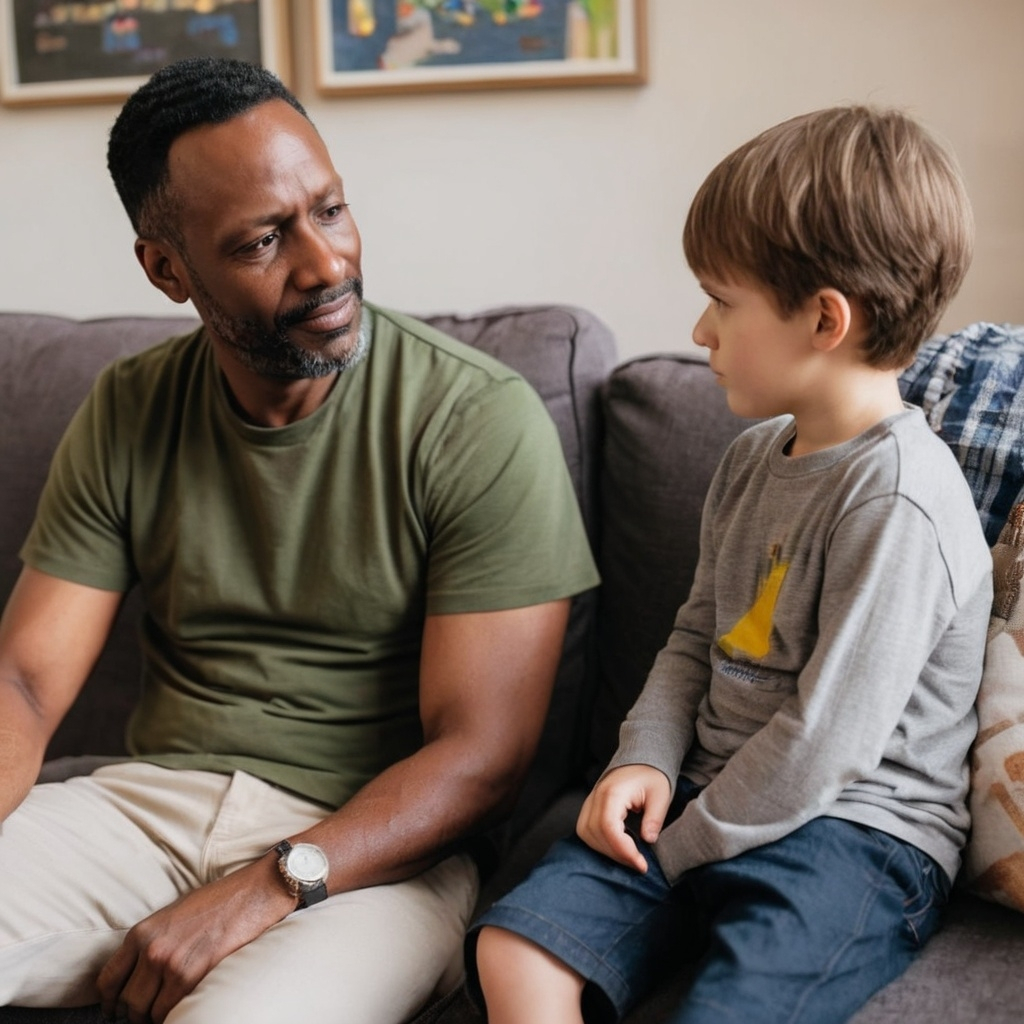 Boy and father on couch